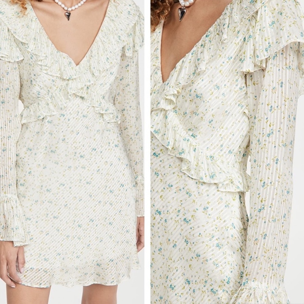 Free People Cream Floral Ruffle Long Sleeve Mini Dress - Picture 3 of 4